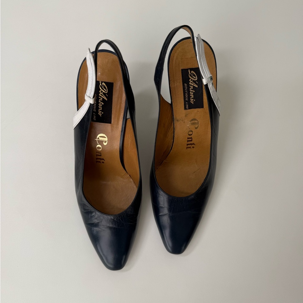 VTG 60s Women's Slingback leather pointed toe pumps navy blue size 37